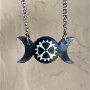 Black resin moon phase steam punk wheel necklace